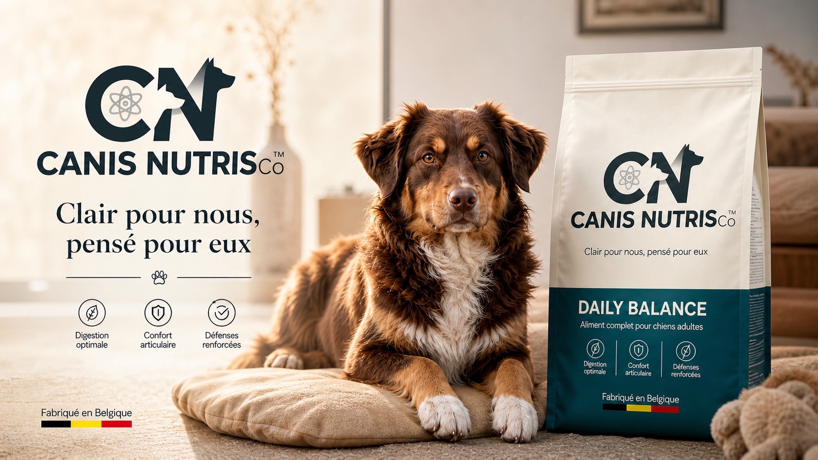 Canis Nutris avec chien et sac dans un intérieur chaleureux